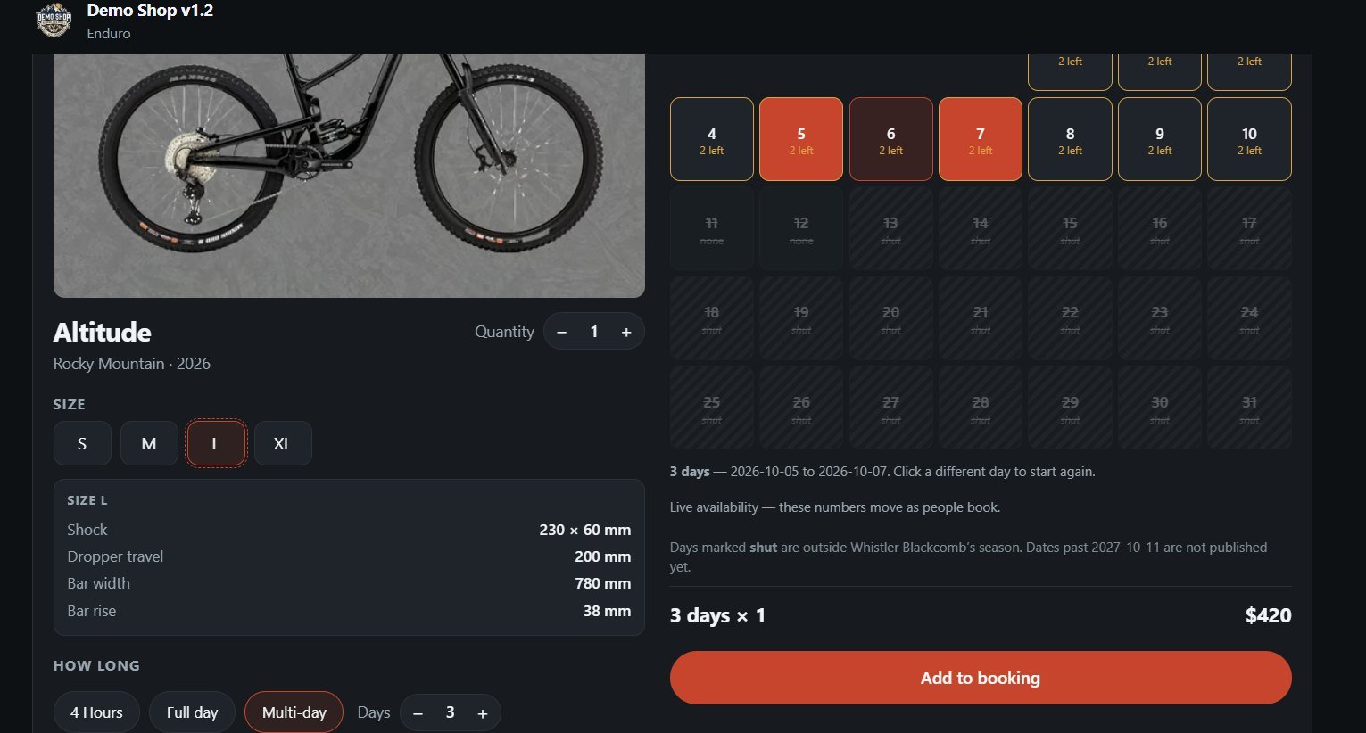 Booking calendar for a Rocky Mountain Altitude in size L: three days selected, a count of bikes left per day, and an Add to booking button