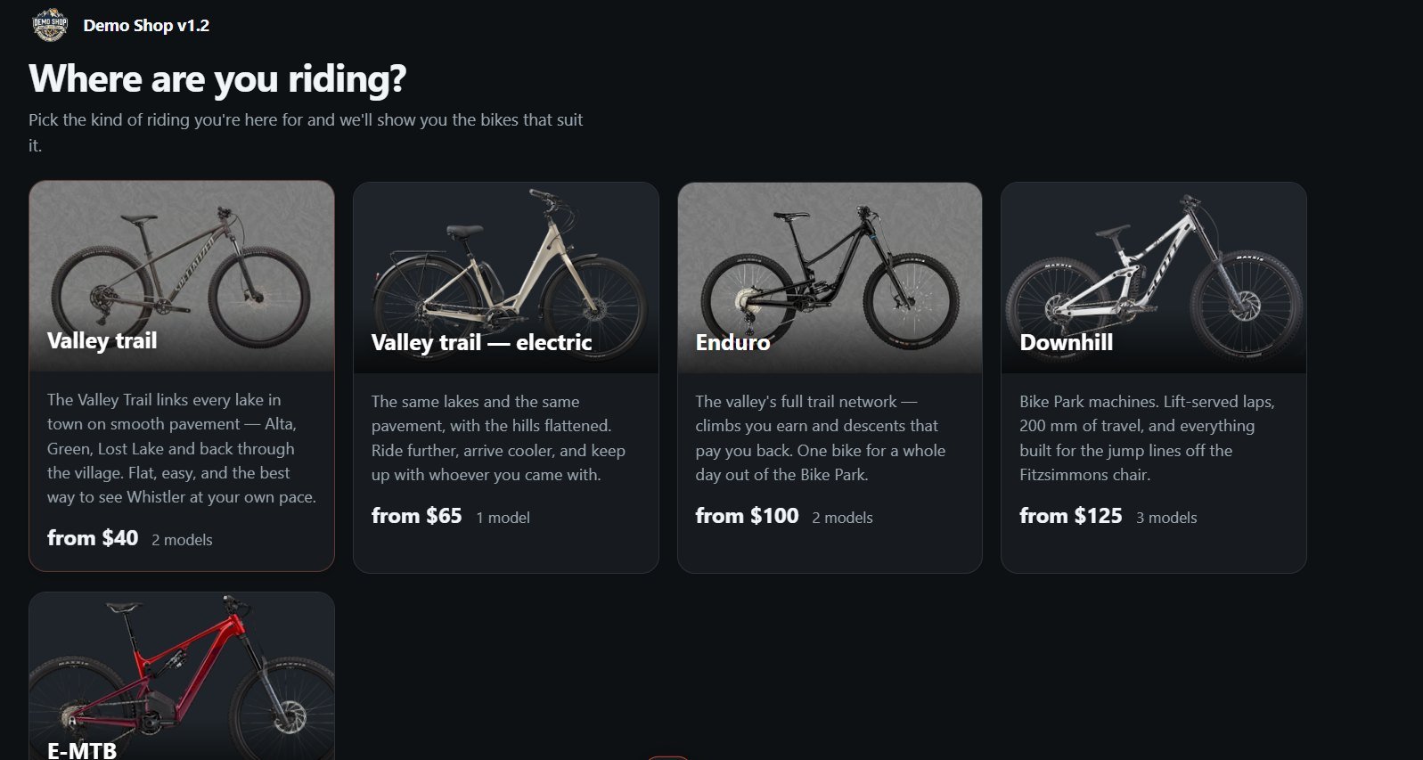 Customer booking page asking 'Where are you riding?' with riding categories: valley trail, electric, enduro and downhill