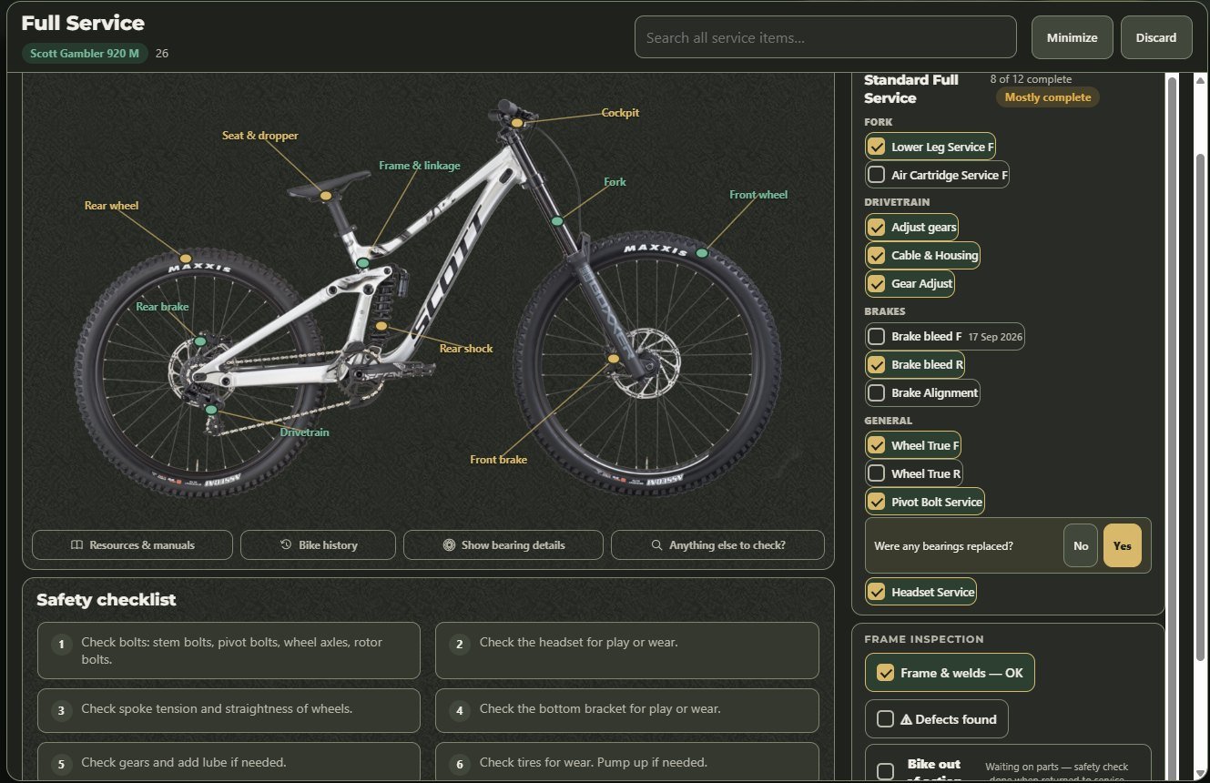 Full service screen: the bike with labelled service points beside a checklist, 8 of 12 complete