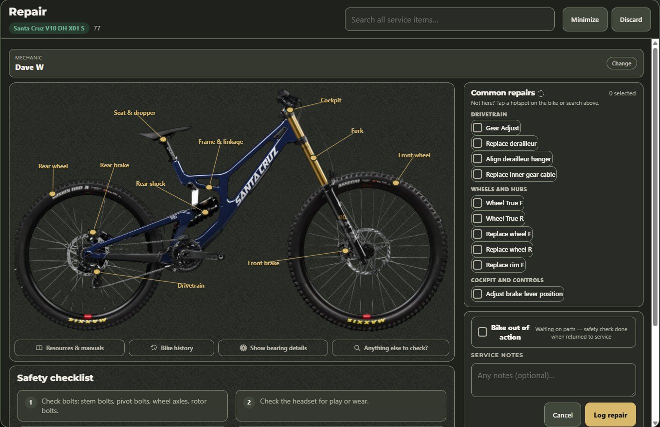 Repair card with hotspots on each part of the bike and a list of common repairs