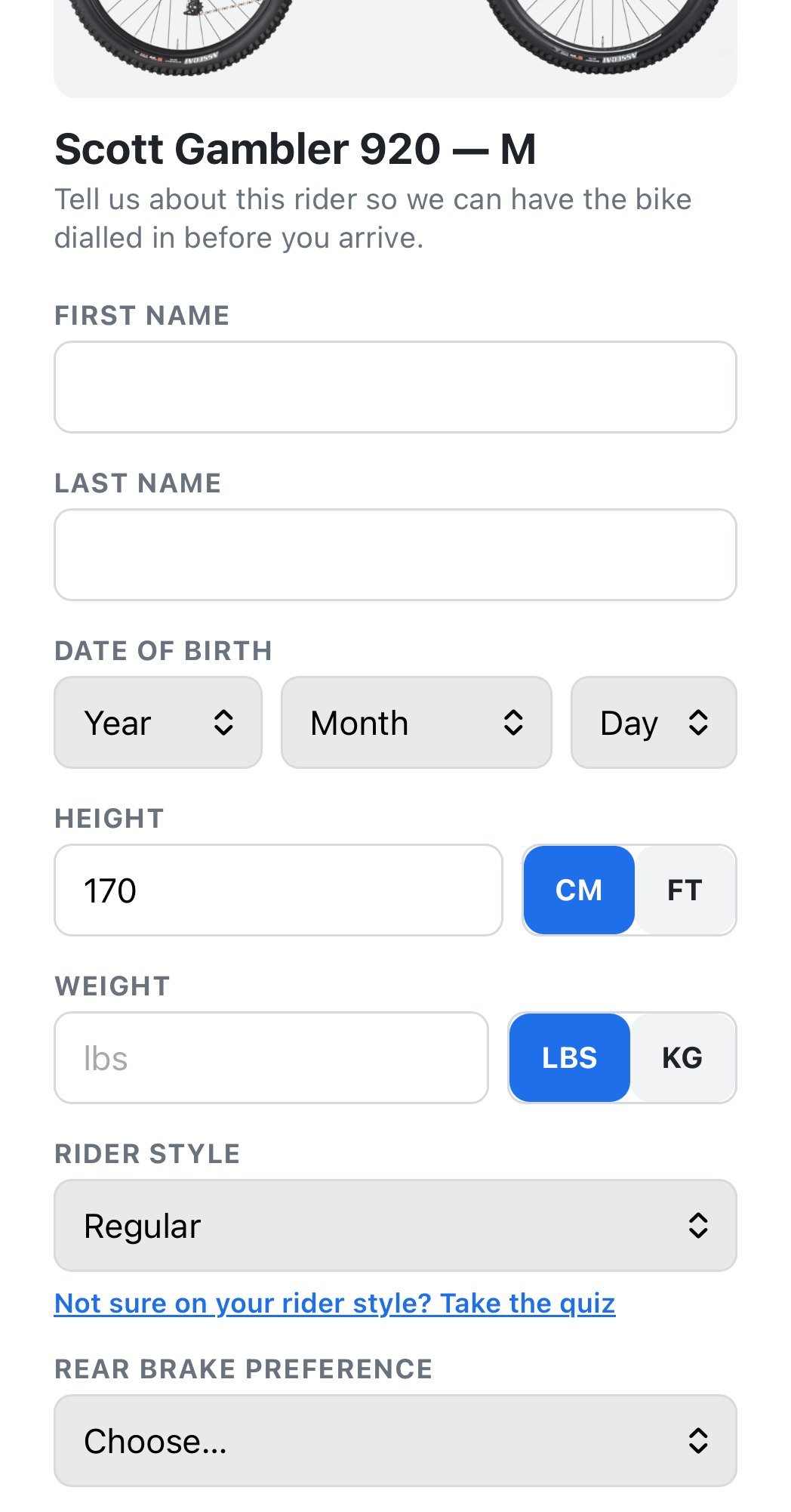 Rider form on a phone: name, date of birth, height, weight, rider style and rear brake preference