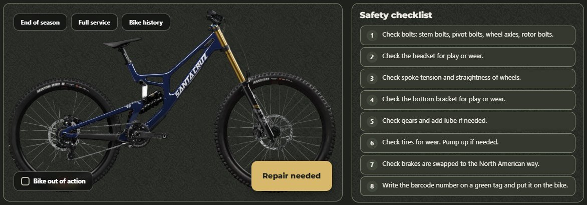 Safety check screen: the bike beside an eight-step safety checklist and a Repair needed button