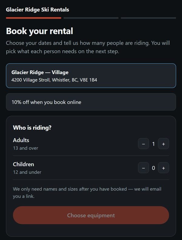 Trail-Ops winter booking on a demo ski shop: choose your dates and how many people are riding